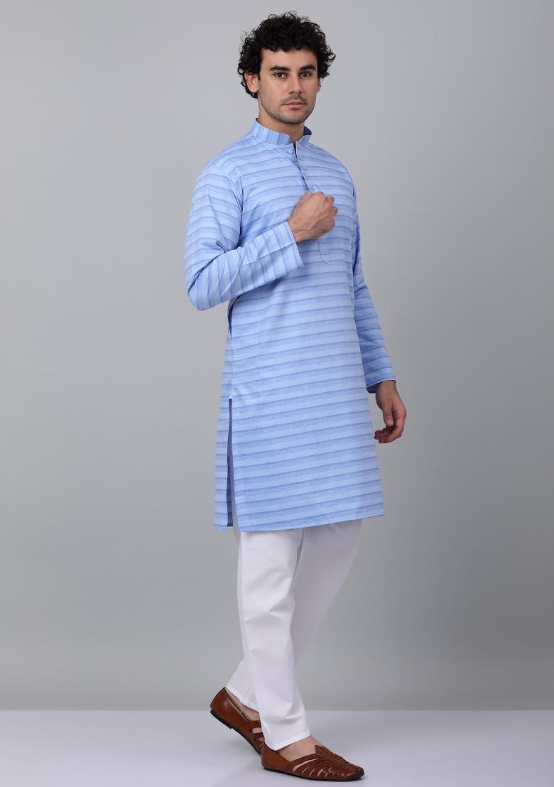 Blue Striped Pure Cotton Kurta For Men