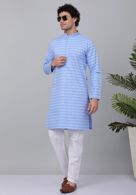 Blue Striped Pure Cotton Kurta For Men — view on Indya