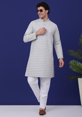 Grey Striped Pure Cotton Kurta For Men