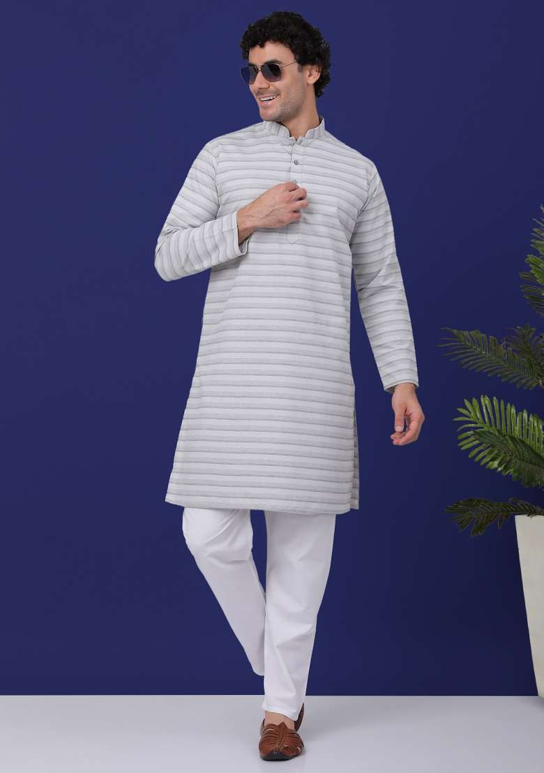 Grey Striped Pure Cotton Kurta For Men - Indya