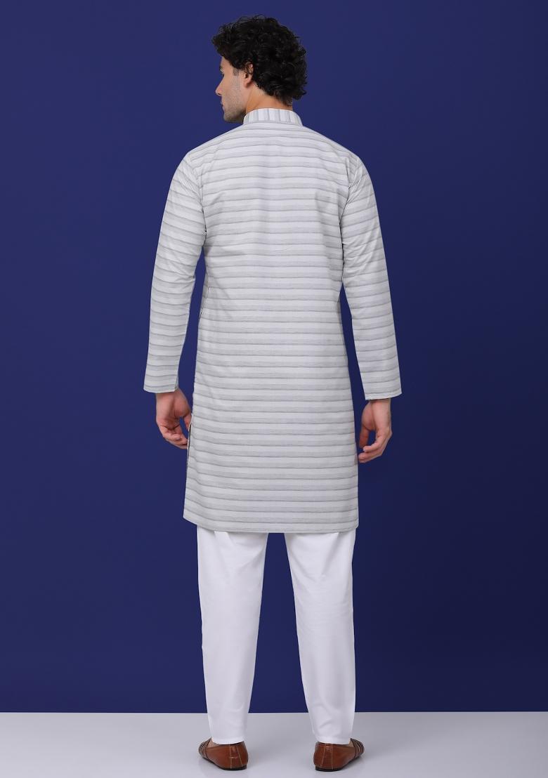 Grey Striped Pure Cotton Kurta For Men