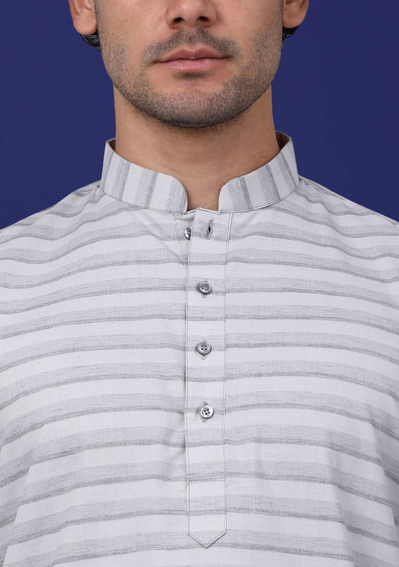 Grey Striped Pure Cotton Kurta For Men - Indya