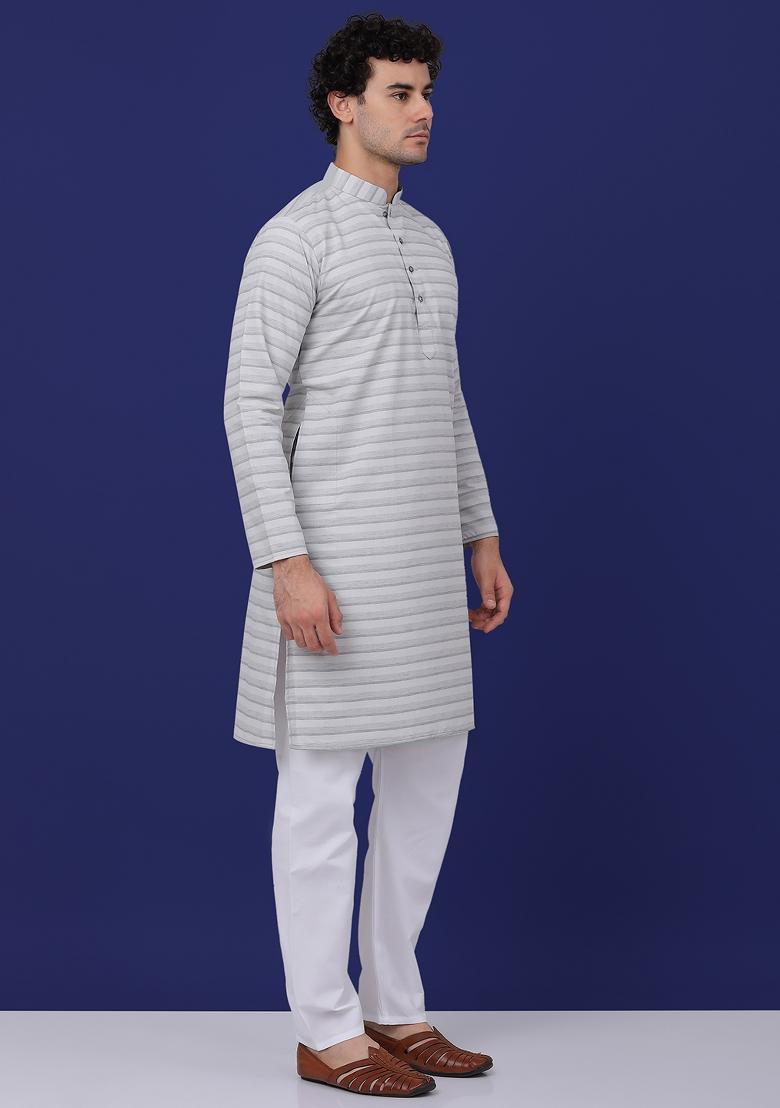 Grey Striped Pure Cotton Kurta For Men