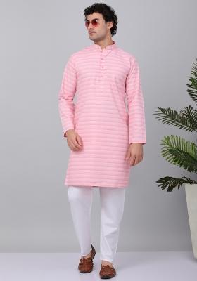 Pink Striped Pure Cotton Kurta For Men