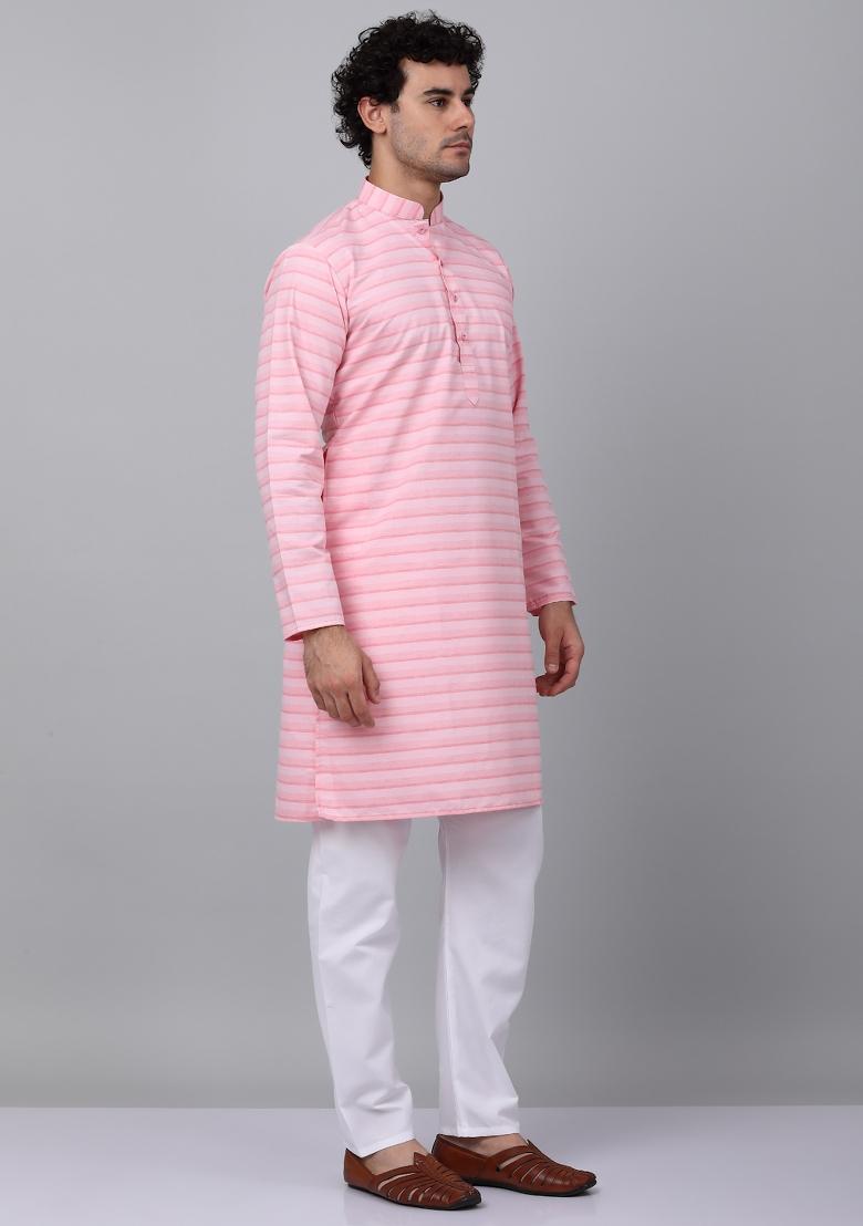 Pink Striped Pure Cotton Kurta For Men