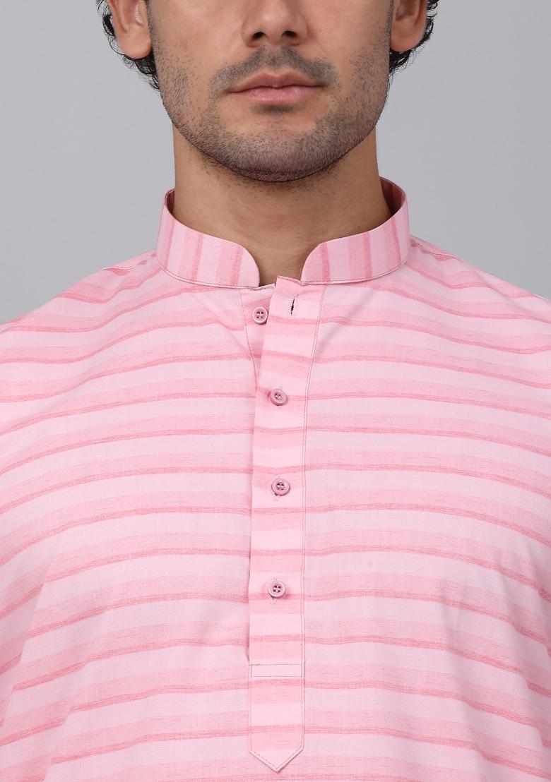 Pink Striped Pure Cotton Kurta For Men