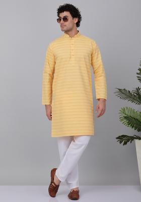 Yellow Striped Pure Cotton Kurta For Men