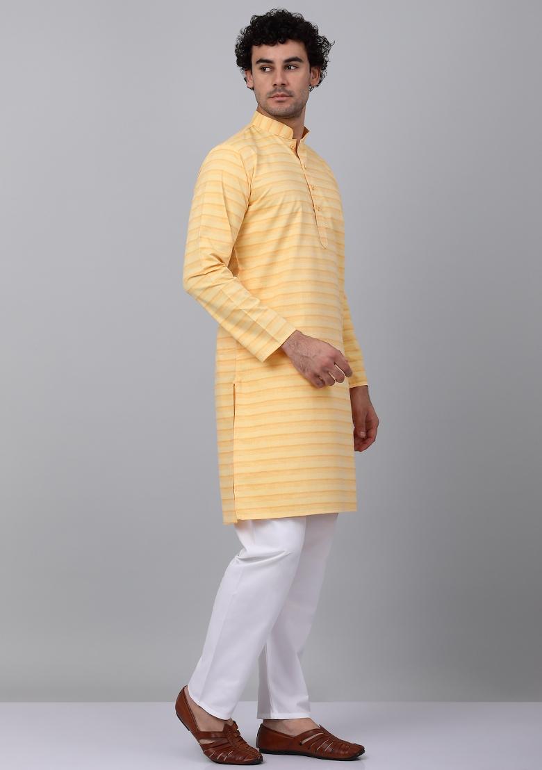 Yellow Striped Pure Cotton Kurta For Men