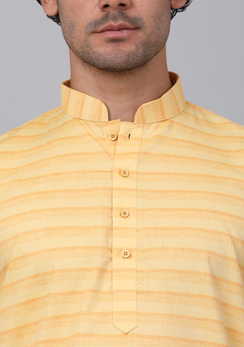 Yellow Striped Pure Cotton Kurta For Men