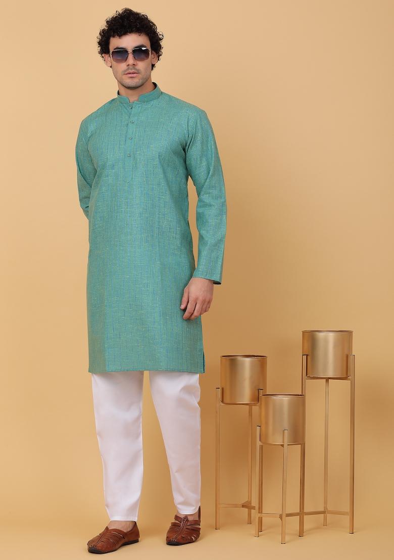 Green Striped Linen Kurta For Men