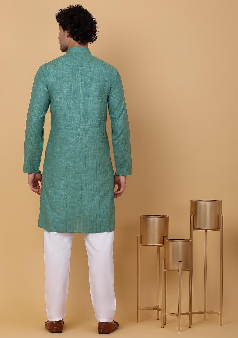 Green Striped Linen Kurta For Men