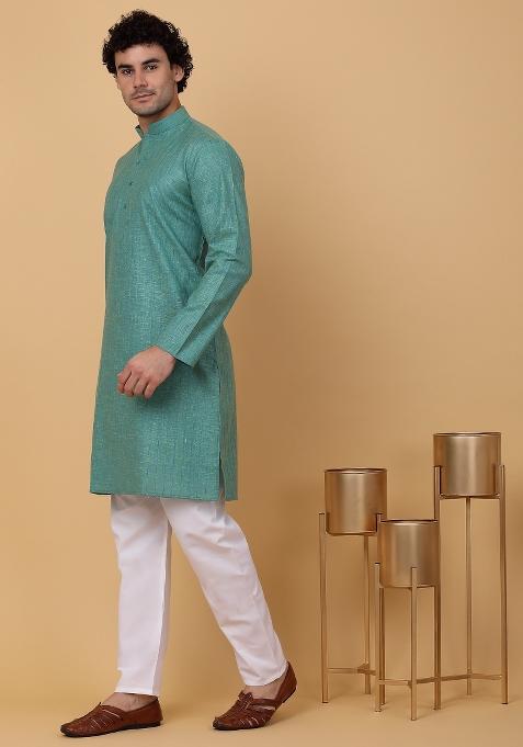Green Striped Linen Kurta For Men
