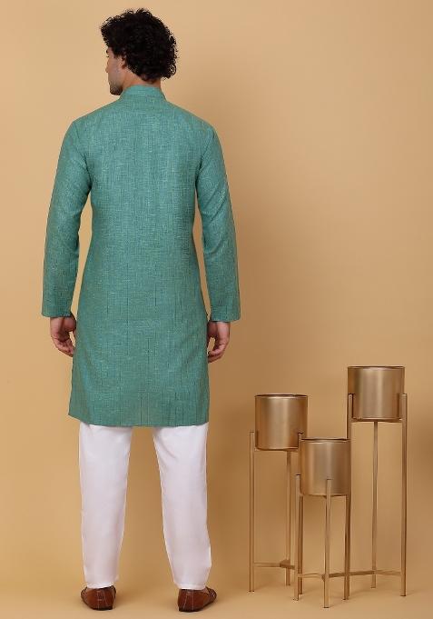 Green Striped Linen Kurta For Men