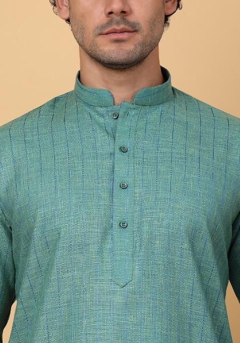Green Striped Linen Kurta For Men