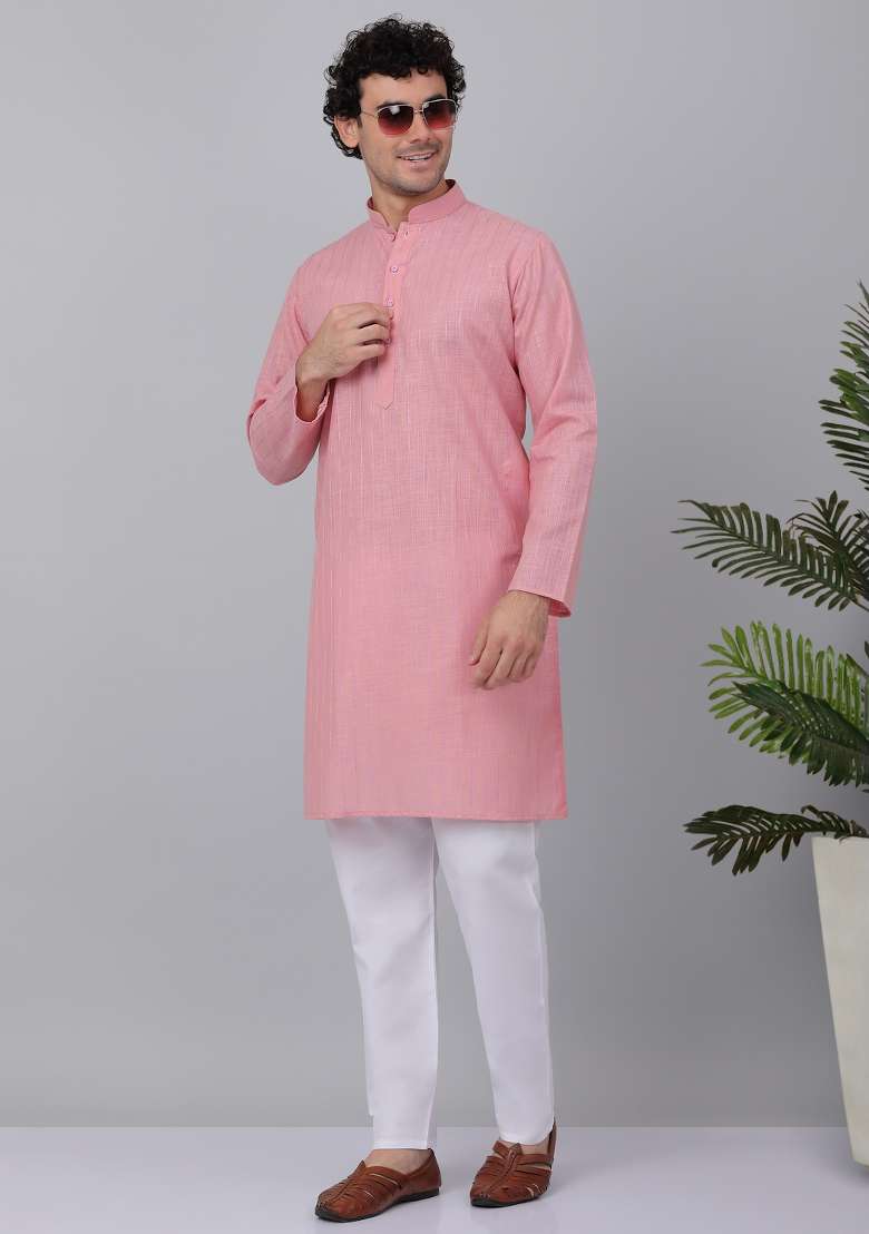 Pink Striped Linen Kurta For Men - Indya