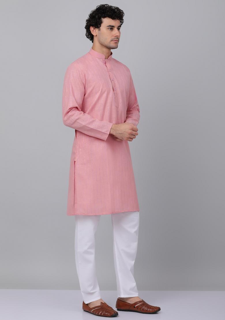 Pink Striped Linen Kurta For Men