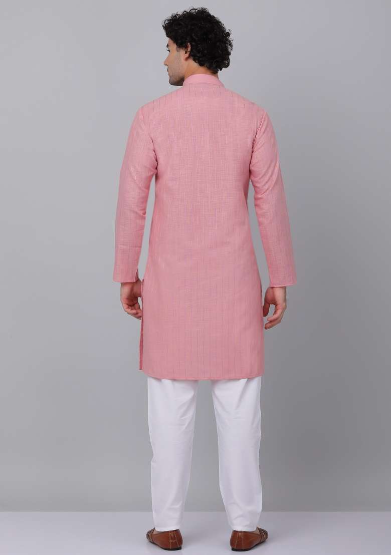 Pink Striped Linen Kurta For Men - Indya