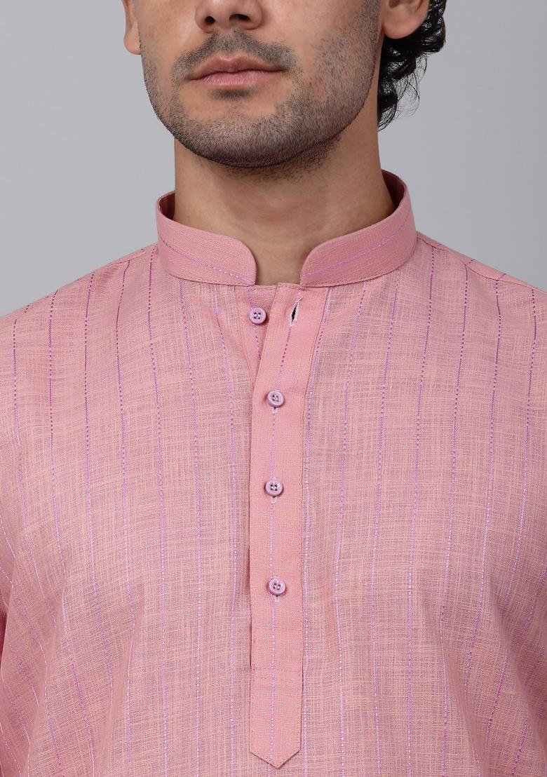 Pink Striped Linen Kurta For Men