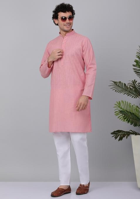 Pink Striped Linen Kurta For Men — view on Indya