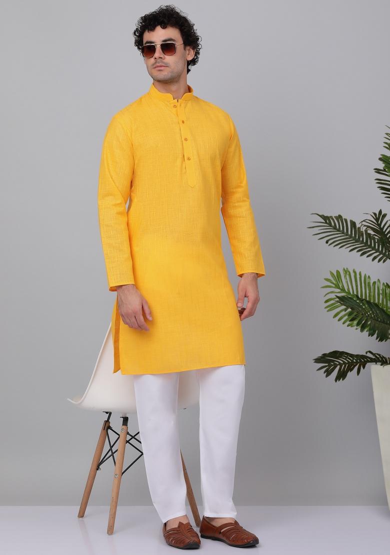 Yellow Striped Linen Kurta For Men
