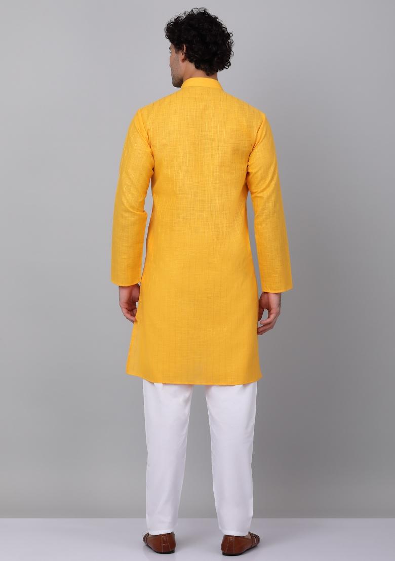 Yellow Striped Linen Kurta For Men