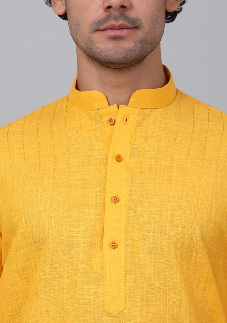 Yellow Striped Linen Kurta For Men