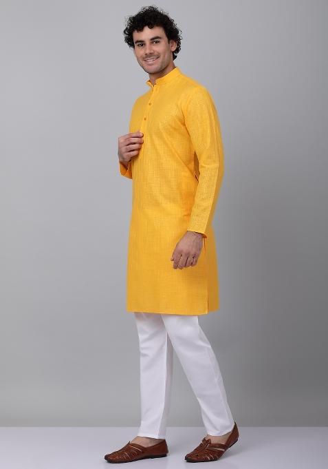 Yellow Striped Linen Kurta For Men