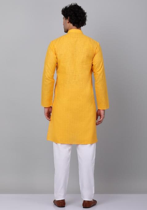 Yellow Striped Linen Kurta For Men