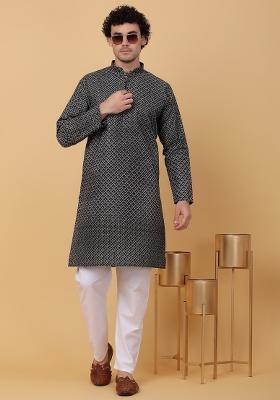 Black Printed Cotton Kurta For Men