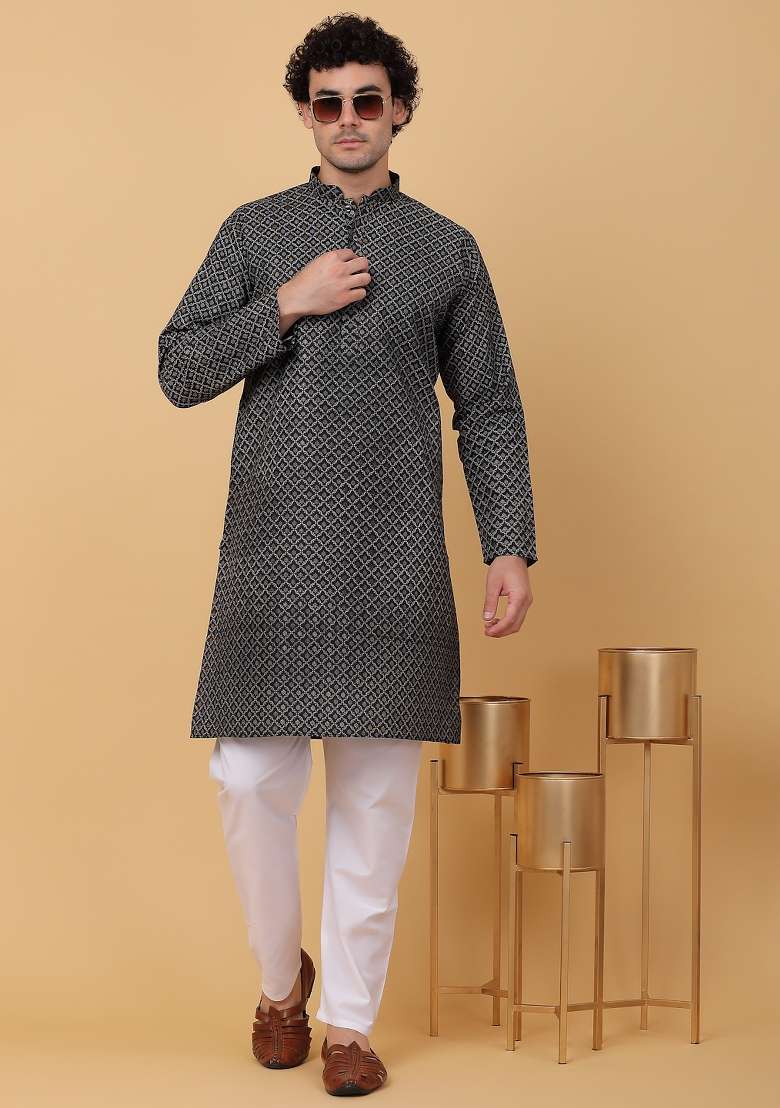 Black Printed Cotton Kurta For Men - Indya
