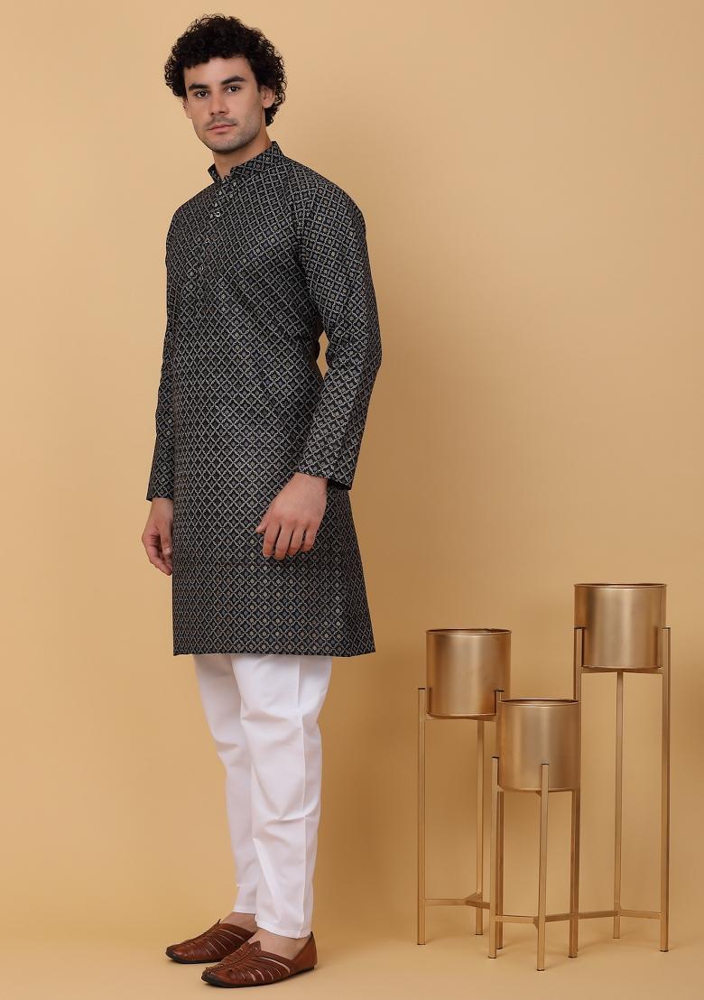 Black Printed Cotton Kurta For Men