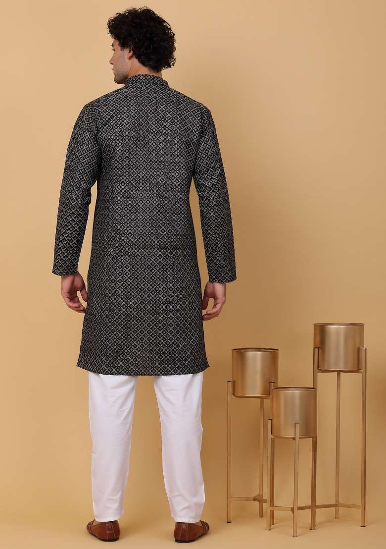Black Printed Cotton Kurta For Men - Indya