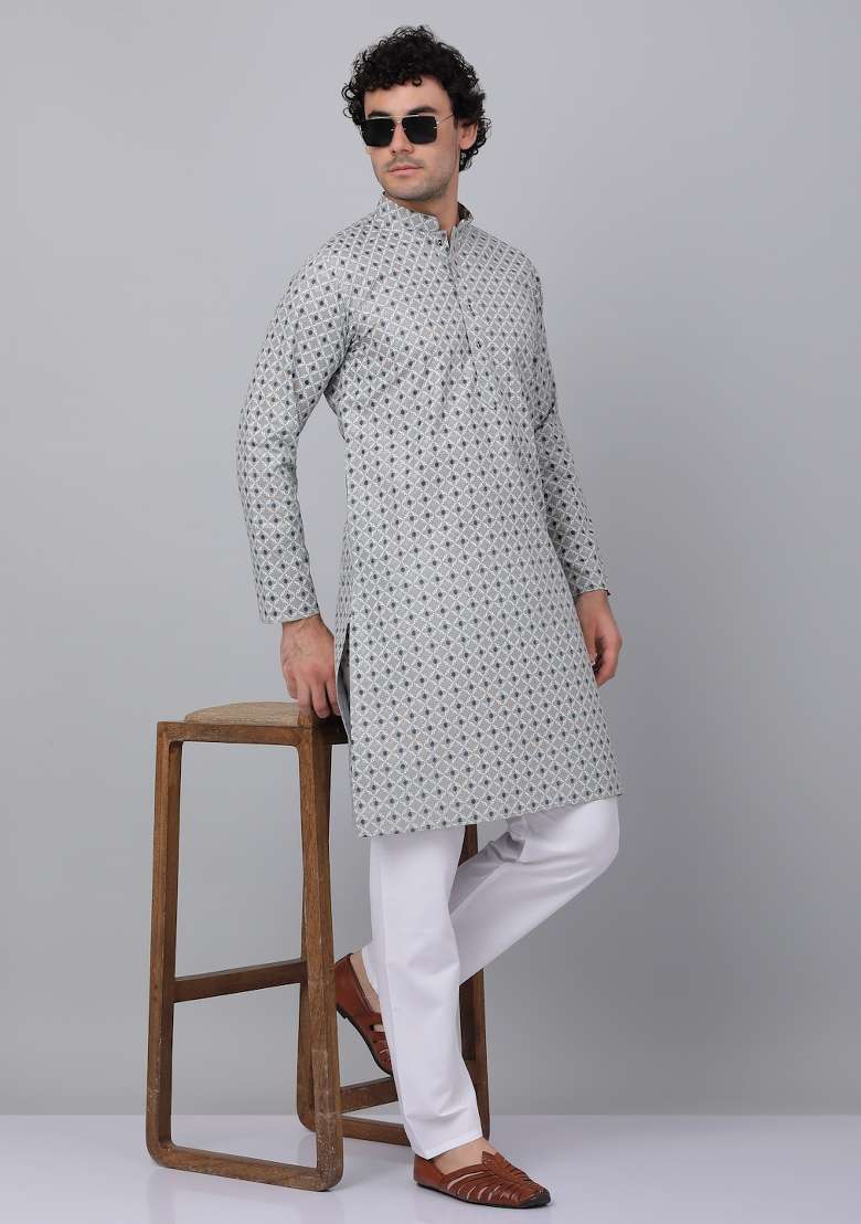 Grey Printed Cotton Kurta For Men - Indya