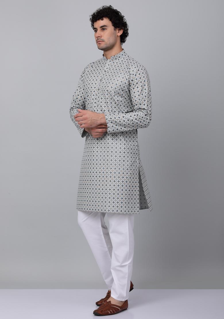 Grey Printed Cotton Kurta For Men