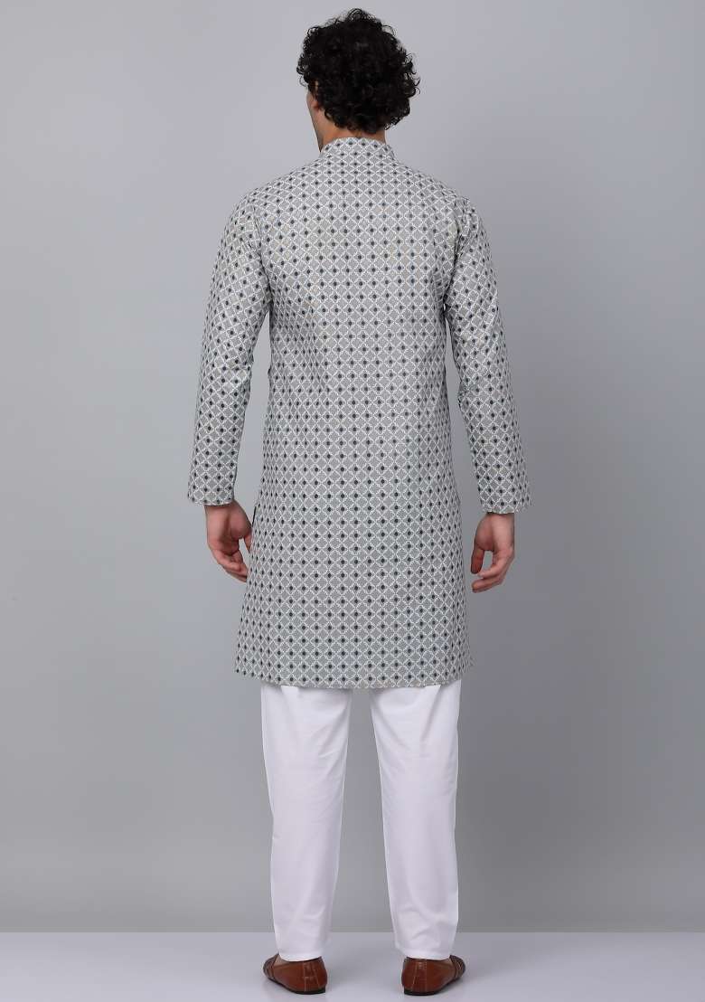 Grey Printed Cotton Kurta For Men - Indya