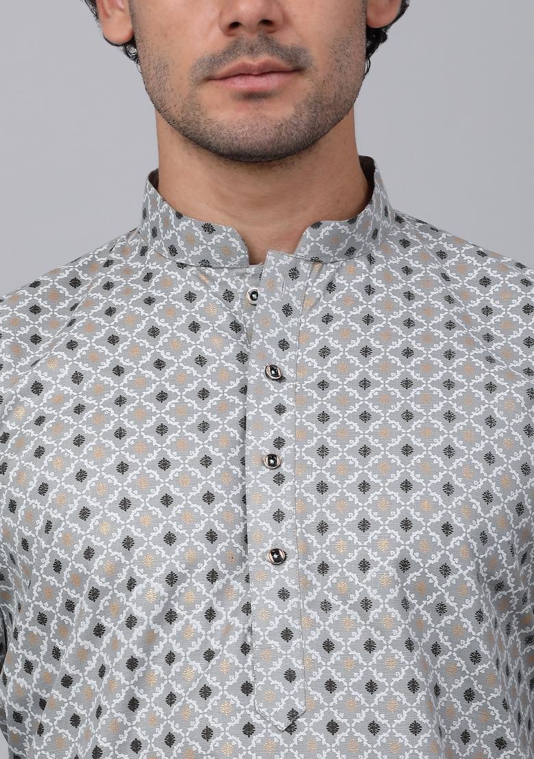 Grey Printed Cotton Kurta For Men
