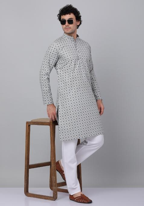 Grey Printed Cotton Kurta For Men
