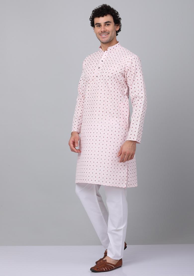 Pink Printed Cotton Kurta For Men