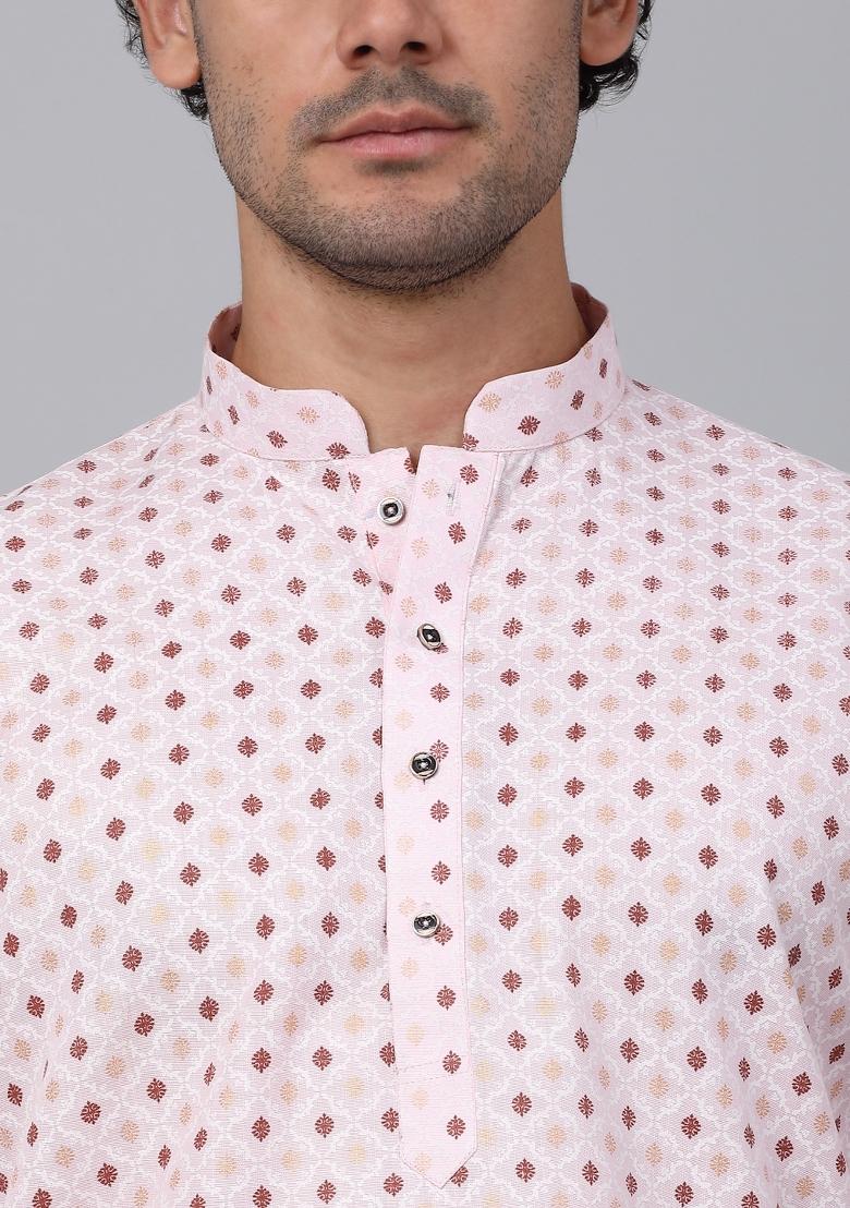 Pink Printed Cotton Kurta For Men