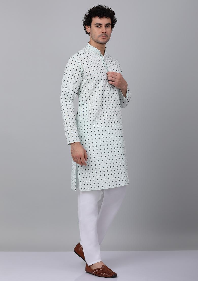 Green Printed Cotton Kurta For Men
