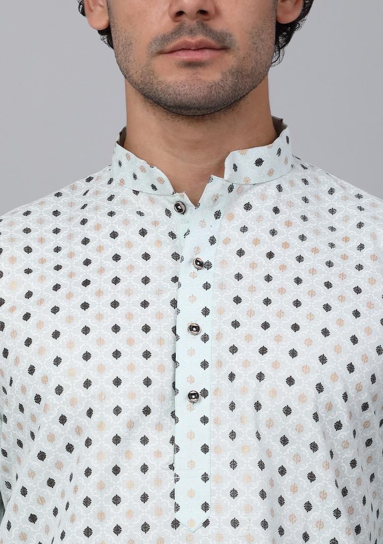 Green Printed Cotton Kurta For Men