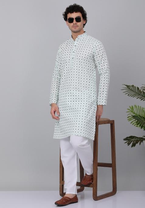 Green Printed Cotton Kurta For Men