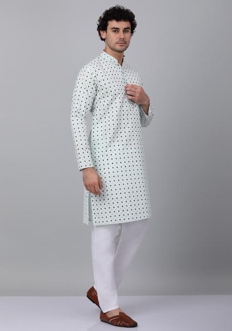 Green Printed Cotton Kurta For Men