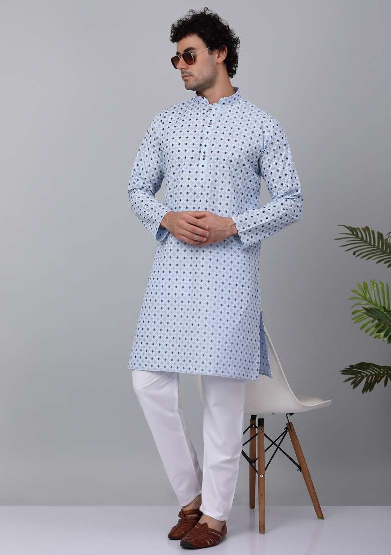 Blue Printed Cotton Kurta For Men - Indya