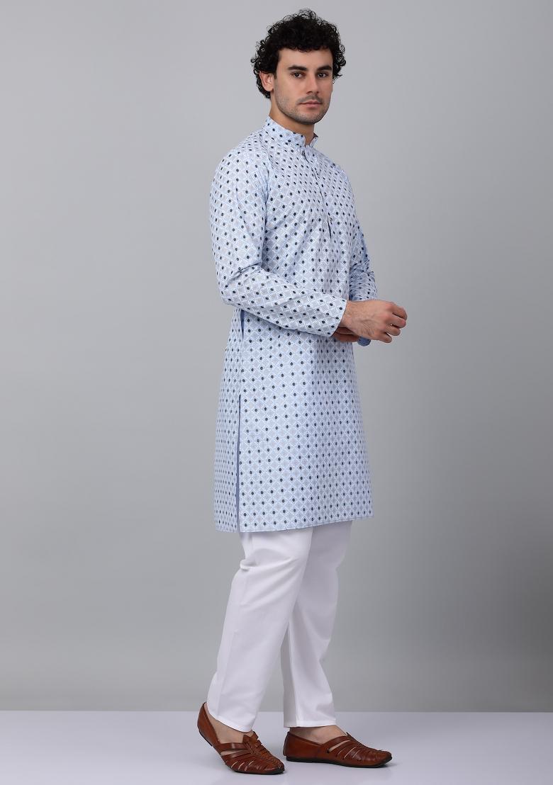 Blue Printed Cotton Kurta For Men