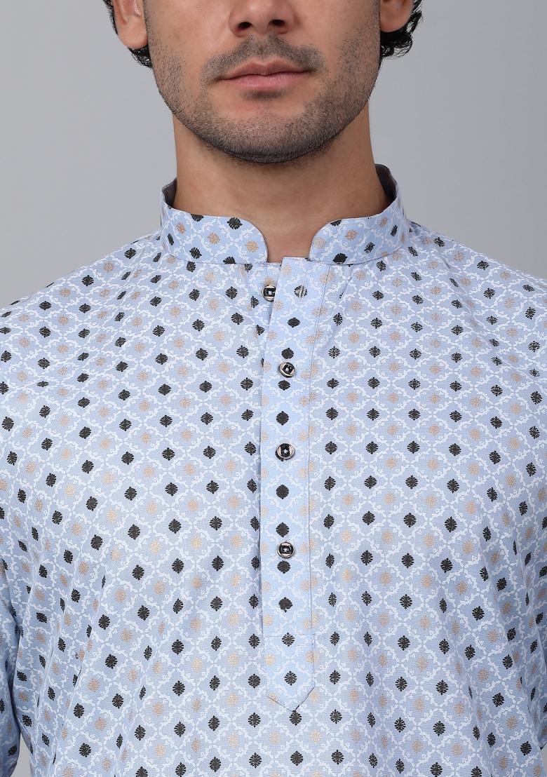 Blue Printed Cotton Kurta For Men