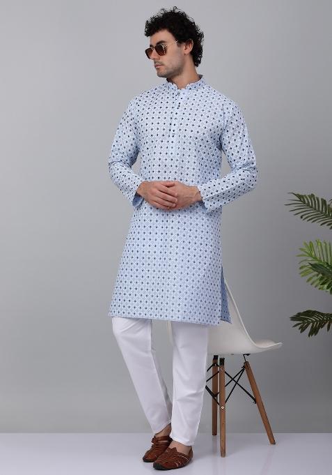 Blue Printed Cotton Kurta For Men