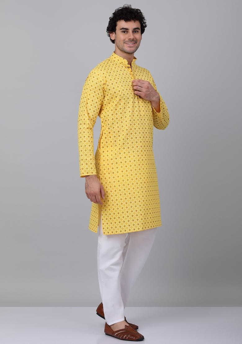 Yellow Printed Cotton Kurta For Men