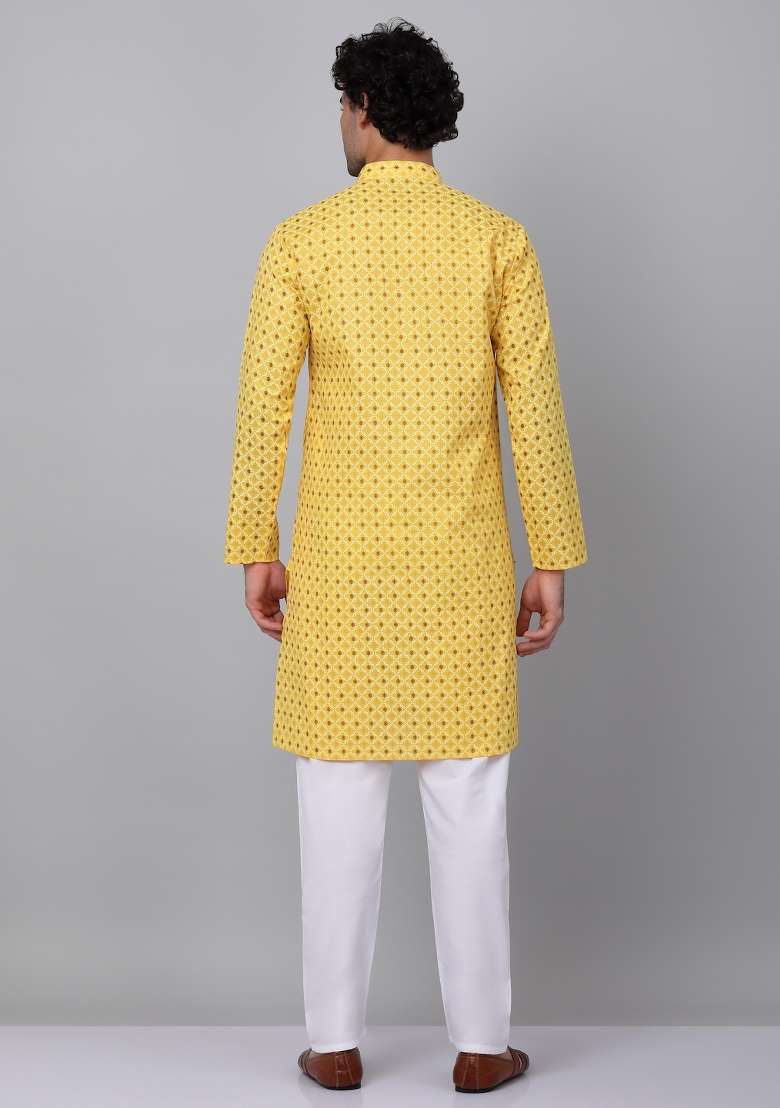 Yellow Printed Cotton Kurta For Men - Indya