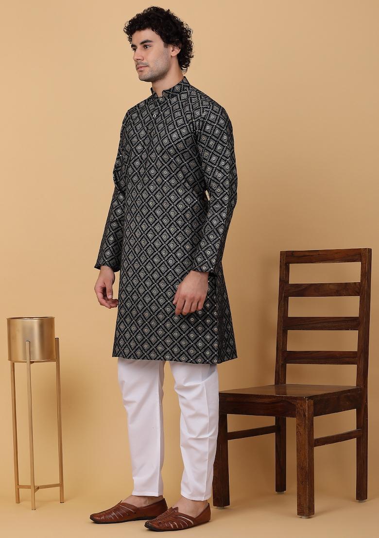 Black Printed Cotton Kurta For Men